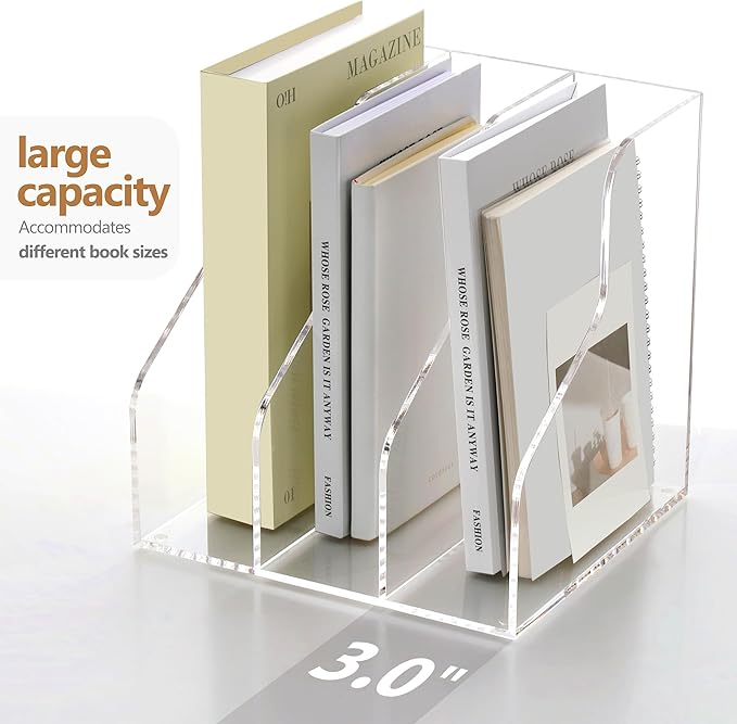 3 Slots Acrylic Magazine Holder, Desktop File Sorter Organizer Rack Bookshelf, Workspace Sorters Office Desk Accessories Organization Storage Stand, Clear