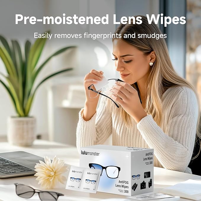 300 Count Anti Fog Glasses Cleaning Wipes, [300 Pre-Moistened Individually Wrapped Wipes] [Non-Scratching & Non-Streaking] Cleaner Wipes for Glasses, Sunglass, Phone Screen Camera Lens, Goggles