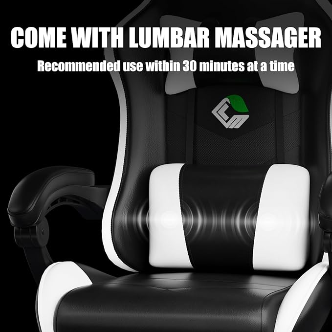Gaming Chair, Ergonomic Office Computer Chair with Footrest and Lumbar Support Massager Racing Style High Back Video Gamer Chair, Wide＆Thick Cushion, 90°-135° Recline, Adjustable Height, White