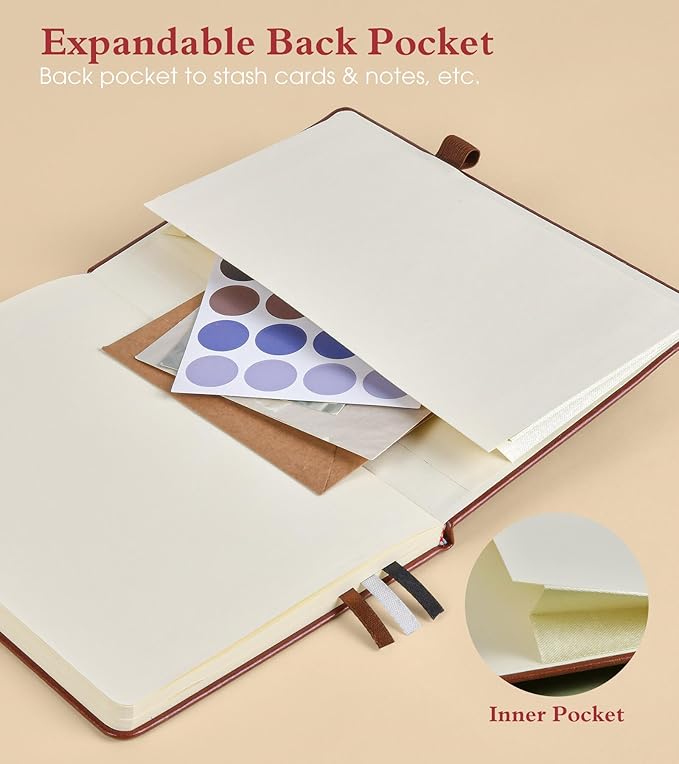 Graph Notebook for Women Men, 160 Pages Grid Paper Journal, A5 Hardcover Vintage Leather Graphing Notebooks for School, Work, College Ruled, Inner Pocket, 5.8"x8.5" (Brown)