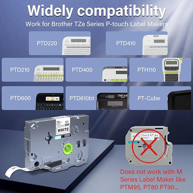 4Pack TZe-231 Tape Label Maker Compatible with Brother P-Touch TZe-231 Tape, TZE231 ½” 0.47”x 26.2 ft Laminated Black on White, for use with PT-D210, PT-H110, PT-D220, PT-D410, PT-D600