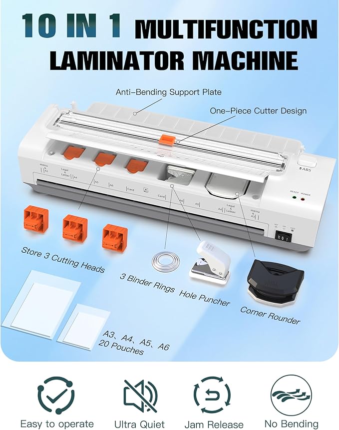 13 Inch Laminator Machine with Auto Paper Feed, Never Jam A3 Thermal & Cold Lamination, 20 Laminating Sheets, 10-in-1 Laminator with Cutter, Trimmer & Corner Rounder for Office School Home Use White