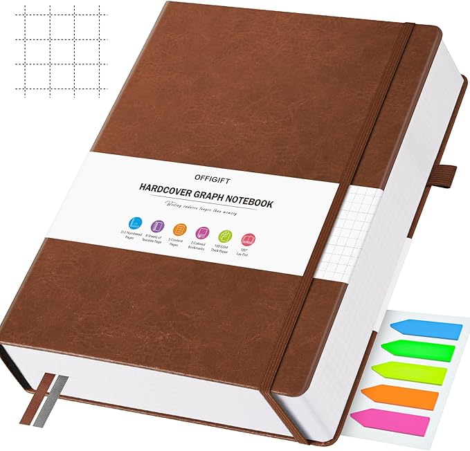 Graph Paper Notebook, 312 Numbered Pages Large B5 Hardcover Leather Journal, 100gsm No Bleed Grid Paper Notebook with Index Pages, Grid Notebook for Graphing Notes Math, 7.6'' X 10'', Brown