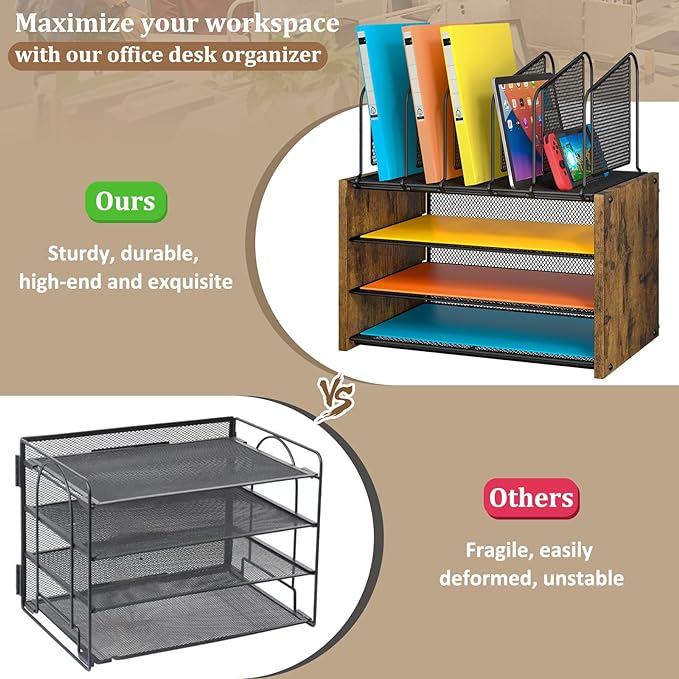 4-Tier Desk Organizer, Desk File Organizer with 5 Vertical File Holders, Office Desktop Organizer with 3 Level Paper Organizer Letter Tray, Wooden Desk Organizers and Accessories for Home Office