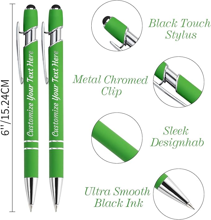 Personalized Pens Bulk 20 with Name Custom Engraving Ballpoint Pens with Stylus Tip Customized Smooth Writing Pens Personalized Gifts for Anniversary Birthday or Graduation(Light Green,Black Ink)