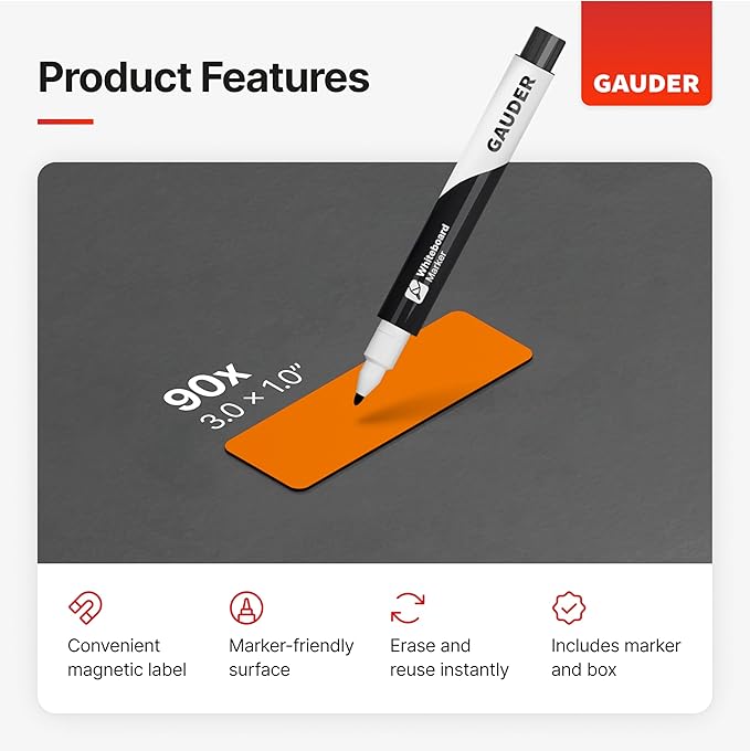 GAUDER Magnetic Dry Erase Labels | 90x Magnetic Labels (3 Inches x 1 Inch) | Dry Erase Magnets for Classroom, Whiteboard and Blackboard