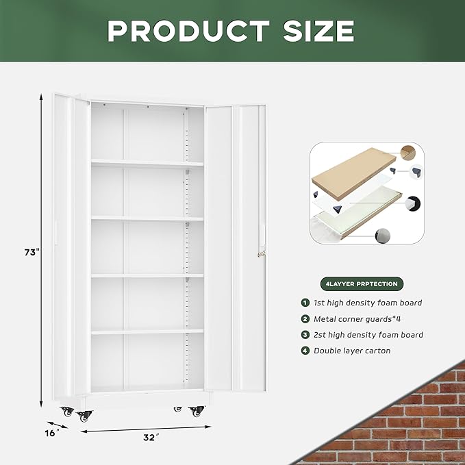 Greenvelly 73" Metal Storage Cabinet with Wheel and Pegboard, Lockable White Metal Garage Cabinets with 2 Doors and 4 Adjustable Shelves, Rolling Steel Tool Cabinet for Garage, Home Office, School