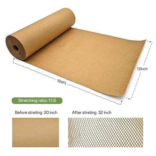 Honeycomb Packing Paper, 12" x 164' Honeycomb Cushioning Wrap Roll for Moving Shipping Packaging Gifts, Recyclable Honeycomb Paper Moving Supplies Bubble Paper Wrapping Protective Roll Khaki