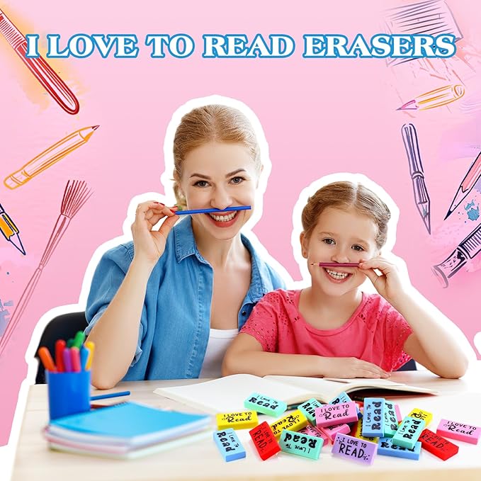 300 Pcs Inspirational Erasers for Kids Back to School Gifts I Love to Read Small Colorful Pencil Erasers for Students Classroom Cute Motivational Gift for Drawing School Office Supplies