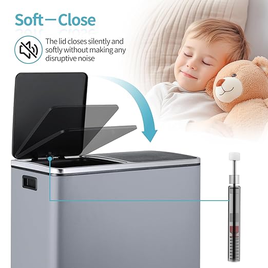 16 Gallon Rectangular Stainless Steel Trash Can, Dual Compartment Garbage Bin with Recycling Combo, Metal Dustbin Lid, Removable Liner, Indoor Hands Free Waste Bucket for Kitchen Home