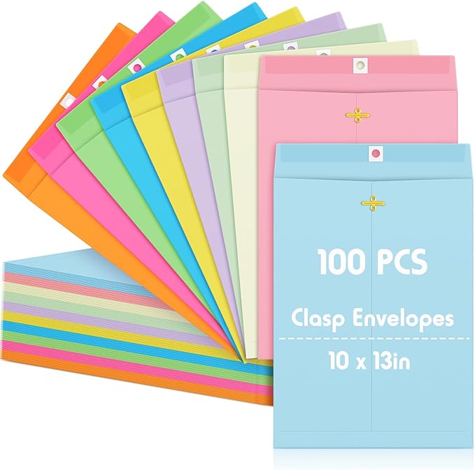 Geyee 100 Pcs Clasp Manilla Envelopes 10 x 13 Inch Gummed Colored Envelopes for Storing or Mailing for Home Office Business Supplies(Multicolor)