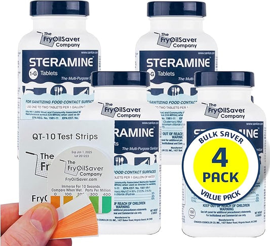 4x Steramine Sanitizer Tablet Bottle by FryOilSaver Co., 4-Pack(600 Tablets) Multi Purpose Sanitizing Tablets for Food Contact Surface, Kitchen, Restaurant Cleaning w/ 15x Test Kit of QT-10 Test Strip
