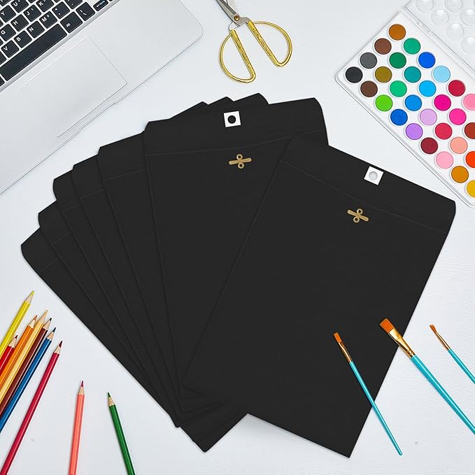 Geyee 100 Pcs Clasp Manilla Envelopes 6 x 9 Inch Gummed Colored Envelopes for Storing or Mailing for Home Office Business Supplies(Black)