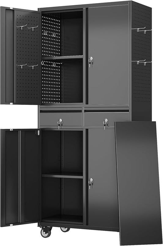 Garage Storage Cabinet with Wheels, Metal Storage Cabinet with 2 Drawers and 2 Adjustable Shelves, Metal Lockers with Pegboards for Homes, Offices, Kitchens, Schools and Pantries