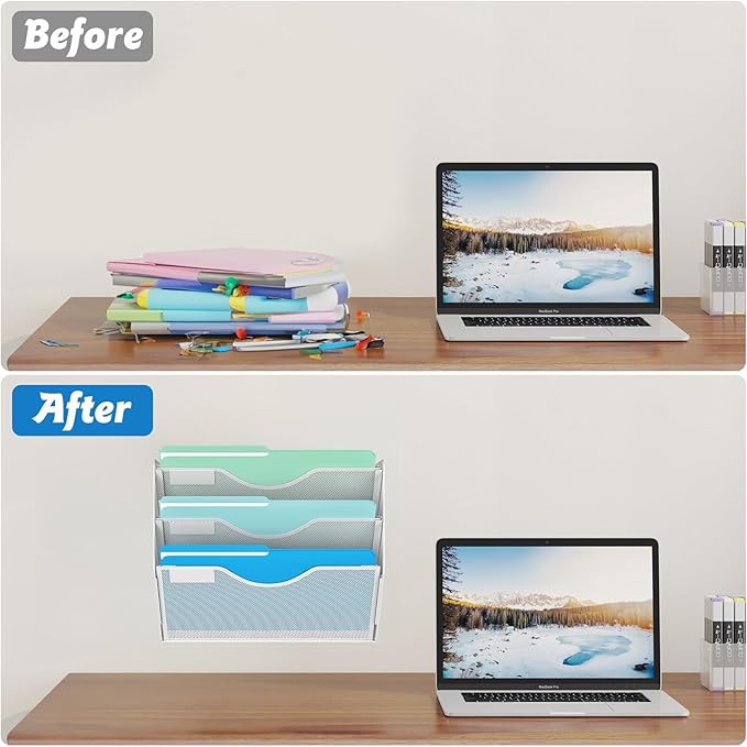 3 Tier Hanging Wall File Organizer, Mesh Mail Paper Orgnization Hanging File Folder Holder for Home Office, White