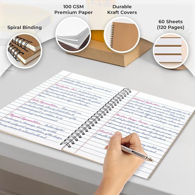 48 Pack Wide Ruled Kraft Spiral Notebook, 5.8 x 8.3, 120 Pages (60 Sheets), No-Bleed, 100 GSM, Bulk Lined Journal Notebooks for Writing, Memo Diary Planner School Travel Office Supplies