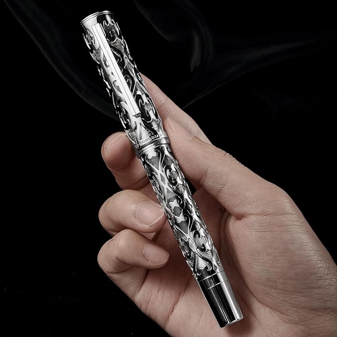 Hongdian D1 Piston Fountain Pen Extra Fine Nib, Hollow Skeleton & Resin Pen with Metal Case Set (Silver)