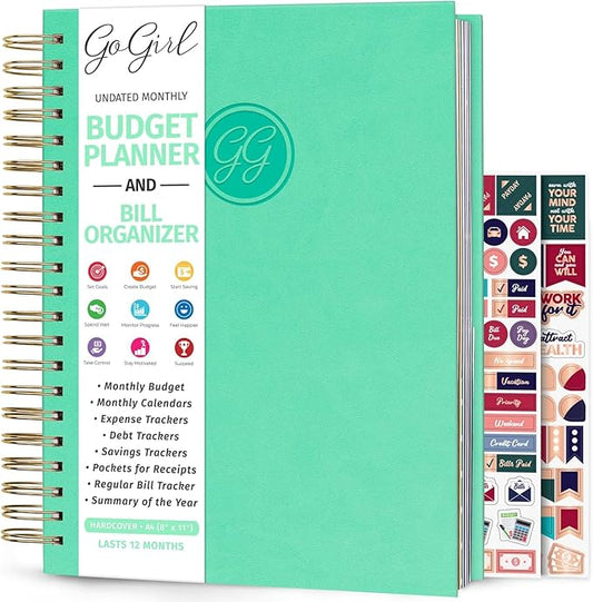 GoGirl Budget Planner & Monthly Bill Organizer – Monthly Financial Book with Pockets. Expense Tracker Notebook Journal, Large (Mint Green)