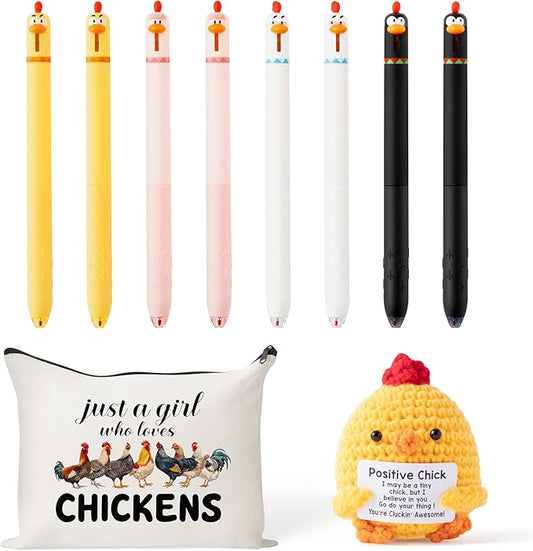 Funny Chicken Gift Accessories - 10Pcs Cute Knitted Chick Stress Relief Stationery Set Lovely Retractable Gel Pens Zipper Organizer Pen Pouch for Kids Birthday Party Gift Student Reward Supply