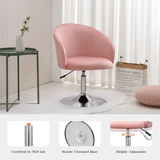 Furnimart Velvet Vanity Chair with Chrome Frame, Height Adjustable & Swivel, Pink - Living Room, Bedroom, Office