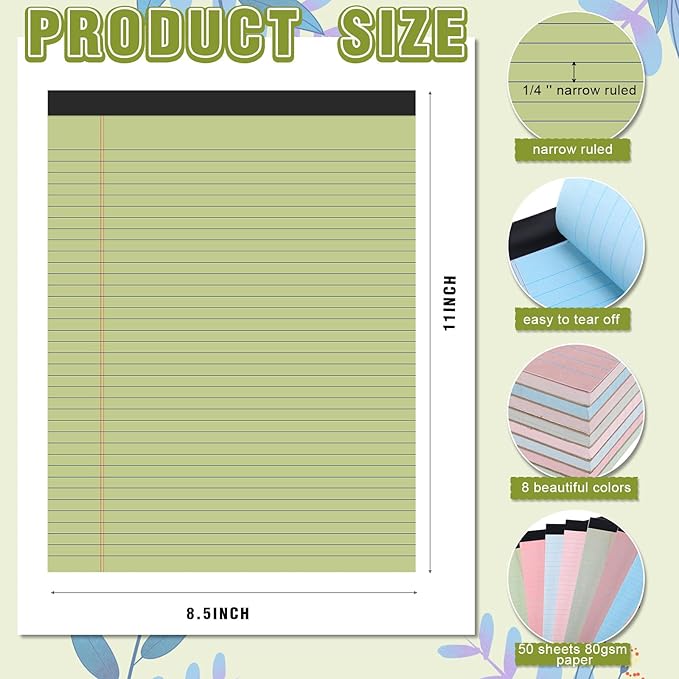 Fuutreo 8 Pcs 8.5'' x 11'' Colored Legal Pad Writing Pads Narrow Ruled 50 Sheets Per Notepad Perforated Writing Notepad Office Supplies for College Office Business (Earthy Color)