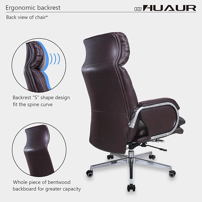 Genuine Leather Modern Executive Chair High-Back Support 90 to 150 Degrees Tilt and Upholstered Home Desk Chair with Base 360LB Capacity Swivel Computer Office Chair (Brown)