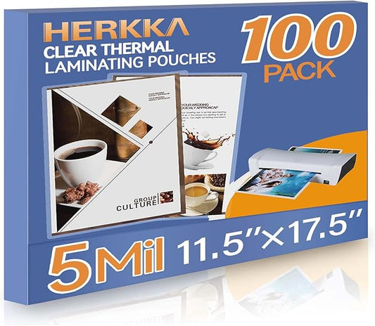 HERKKA 100 Pack Laminating Sheets, Hold 11 x 17 Inch Sheet, 5 Mil Clear Thermal Laminating Pouches 11.5 x 17.5 Inch Lamination Sheet Paper for Laminator, Round Corner