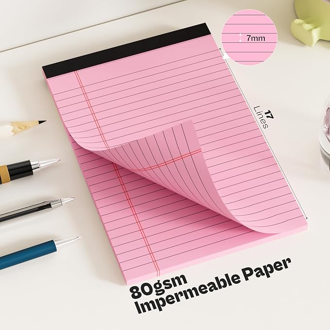 6 Pack Legal Pads 5x8 Note Pads College Ruled Notepad Pink/Green/Blue Perforated Small Legal Pads 80GSM Notepads 30 Sheets Writing Pads Line Paper Pad for School, College, Office, Business