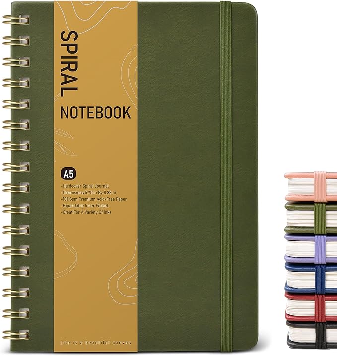 Graph Spiral Journal Notebook, A5 Hardcover Spiral Journals for Women Men, 100 GSM Graph Paper Notebooks, 150 Pages Spiral Bound Grid Notebook for Writing Note Taking Work 5.75" x 8.38" Olive Green