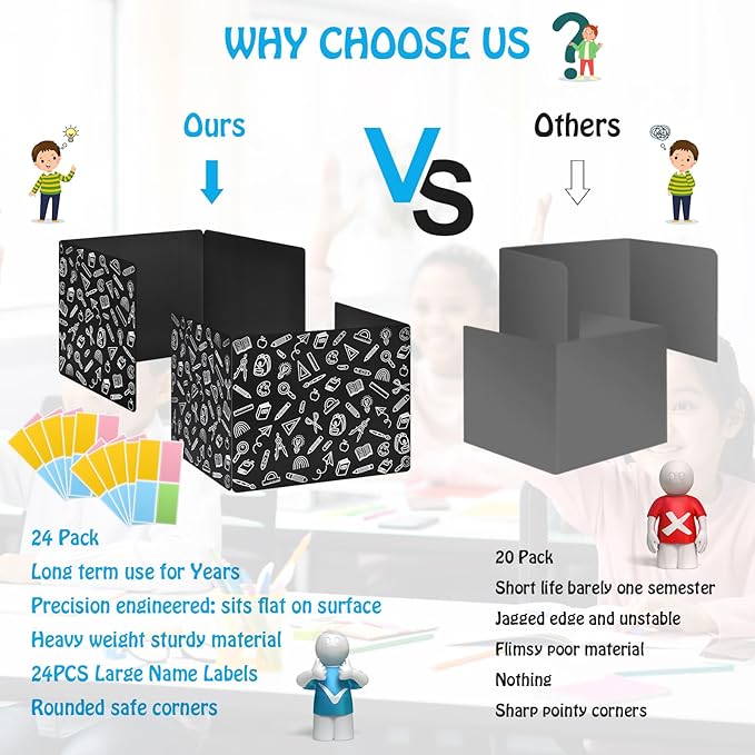 24 Pack Black Printing Privacy Floders for Student Desks - Durable Plastic Erasable - Testing Dividers for Classroom - Easy Clean Privacy Shields for Student - Includes Extra Labels