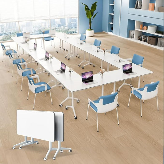 2Pack Folding Conference Room Table, Modern Conference Tables with Silent Wheels, Large Rectangular Mobile Training Tables for Office Classroom, Foldable Modular Seminar Table White (L63in)