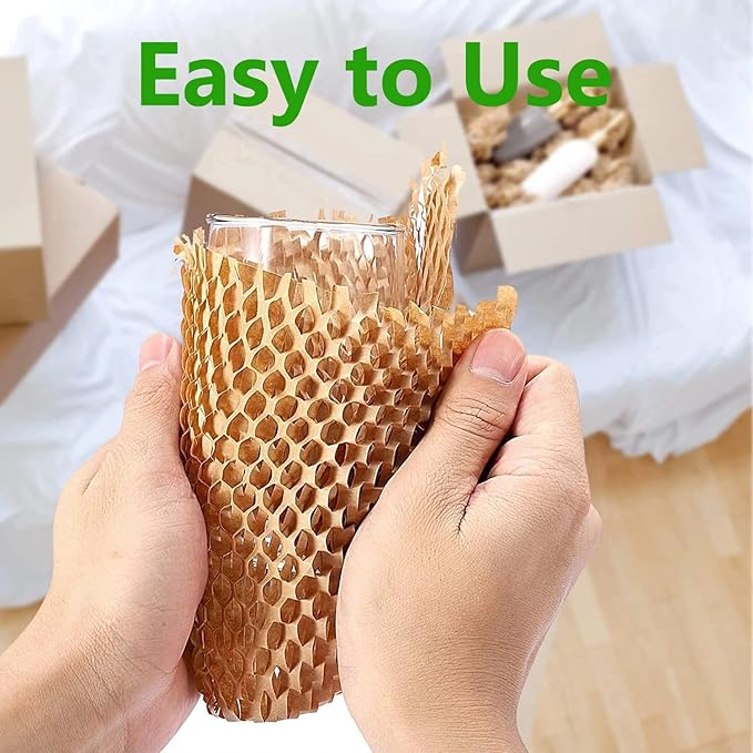 Honeycomb Packing Paper Wrap 15" x200' Sustainable Alternative to Bubble Cushioning Wrap for Moving/shipping/packing Roll with 20 Fragile Sticker Biodegradable & Fully Recylable