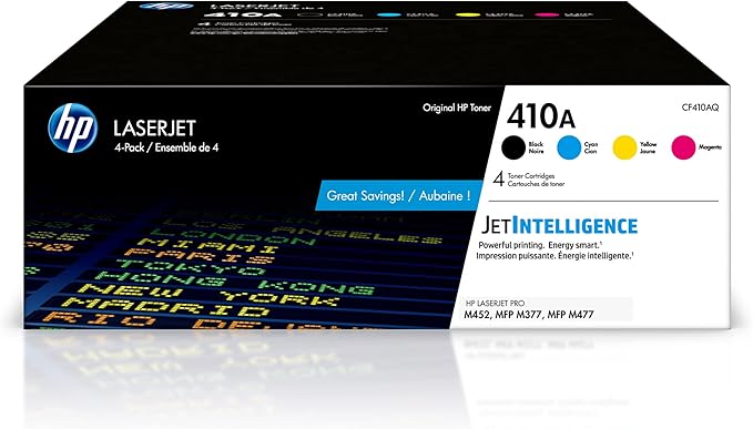 HP 410A Black, Cyan, Magenta, Yellow Toner Cartridges (4-pack) | Works with HP Color LaserJet Pro M452 Series, HP Color LaserJet Pro MFP M377, M477 Series | CF410AQ