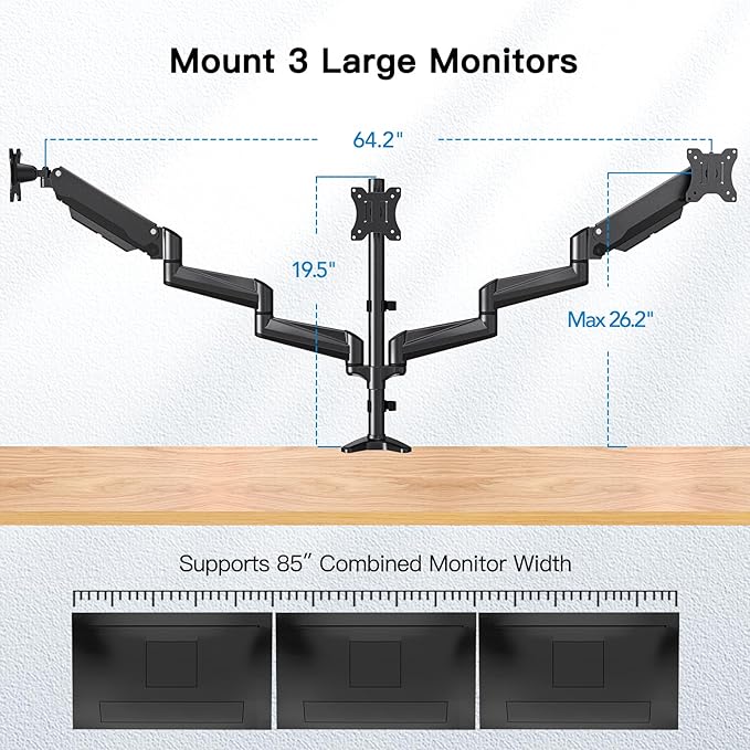 HUANUO Triple Monitor Mount for 17 to 32 inch Screens, Gas Springs Adjustment Triple Monitor Stand with Swivel, Tilt, Rotation, Clamp & Grommet Kit (Black)