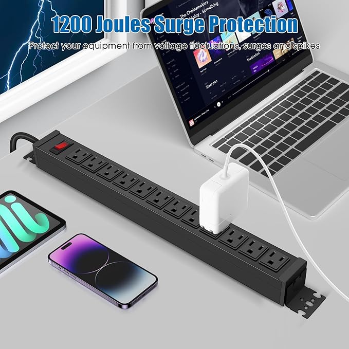 HHSOET Rotating Mountable Power Strip, 12 Outlet Wall Mount Surge Protector, Metal Heavy Duty and Versatile Outlet Strip, Stylish Appearance, Sturdy and Durable, 6ft Power Cord.(Black)