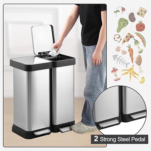 16 Gallon Dual Compartment Trash Can, 2 x 30L Fingerprint Resistant Stainless Steel Kitchen Garbage Can with 2 Soft-Close Lid & Foot Pedal for Kitchen Office Bathroom, Without Inner Bucket