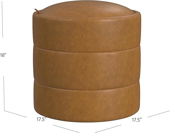 HomePop Storage Round Ottoman with Removable Lid Home Décor|Upholstered Round Velvet Foot Rest Ottoman - Carmel Faux Leather
