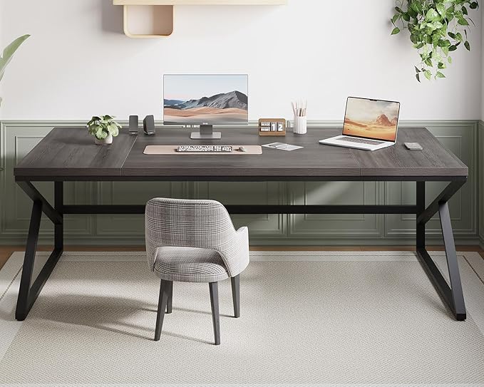 HSH Extra Long Home Office Desk, Industrial Metal Wood Computer Desk, Large PC Laptop Table for Two Person Executive Writing Work Study Gaming, Bedroom Living Room Dual Monitor Desk, Dark Gray,78 Inch