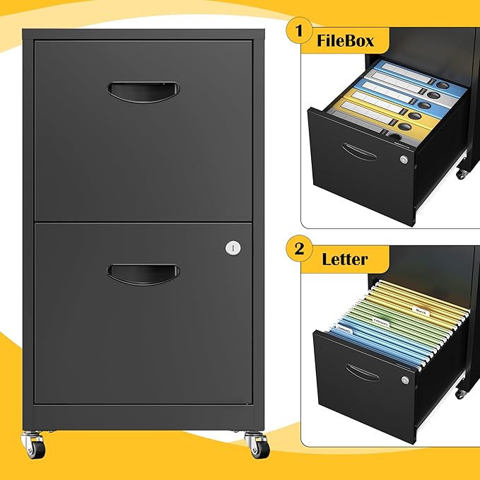 2 Drawer File Cabinet with Lock，Black Rolling File Cabinet for Home Office, Metal Small Mobile Filing Cabinets on Wheels for Hanging Letter