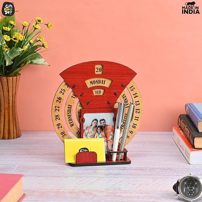 GKD Wooden Desk/Table Calendar to Lifetime Infinite Calendar 2025 with Desk Organizer and Photo Frame for Office/Home (‎Red)