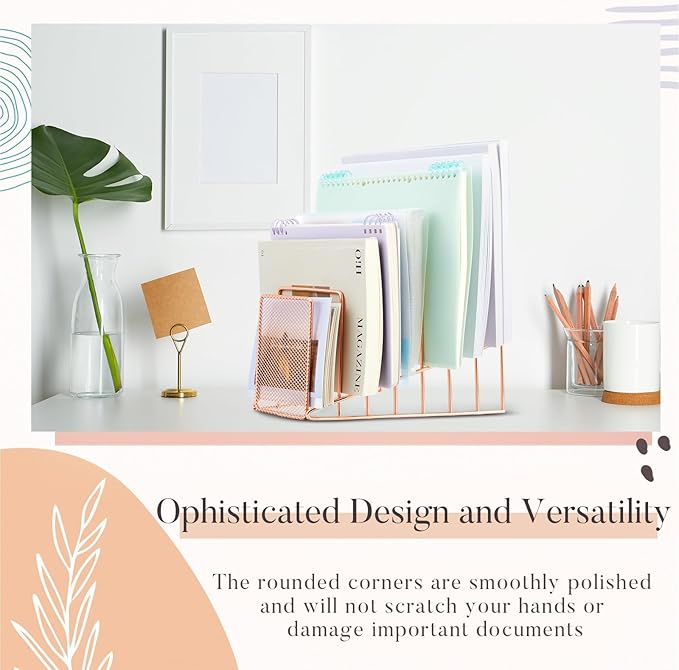 2 Pcs 7 Slot Incline File Sorter Metal Wire Mesh File Racks for Desktop Letter Sorter for Magazine Folder Book Organizer Home Office School Paper Mail Desk Storage Holder (Rose Gold)