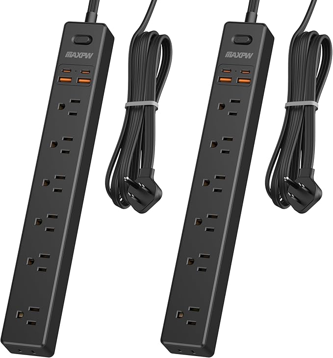 2 Pack Power Strip Surge Protector - 7 Outlets 4 USB Ports (2 USB C), 6 Ft Ultra Thin Flat Plug Extension Cord, 1875W/15A, 1700 Joules, Wall Mount for Home Office Dorm, Black