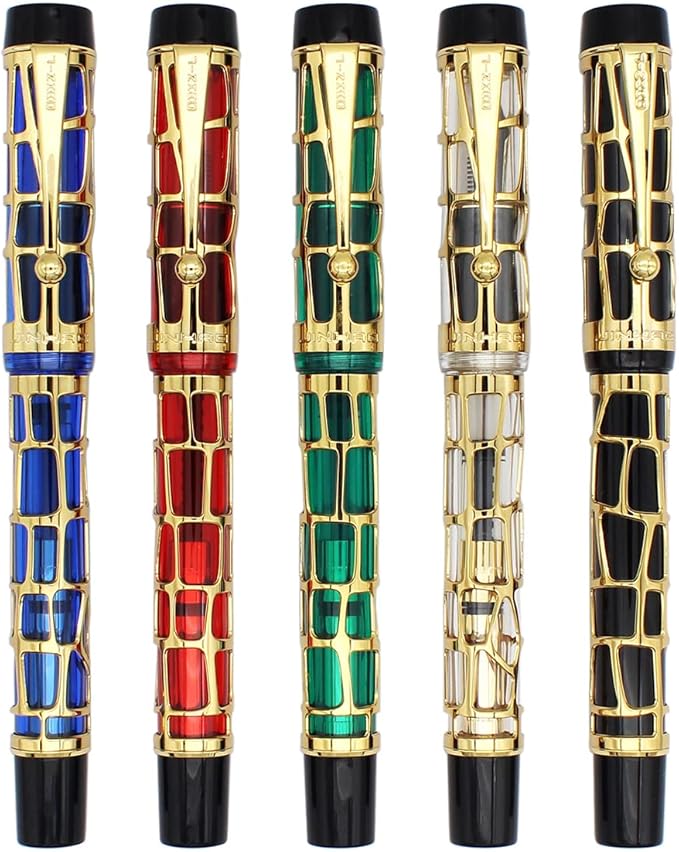 Gullor Century 100 Fountain Pen, Skeleton Hollow-out Series Golden, Screw-Cap, Fine Nib, Black