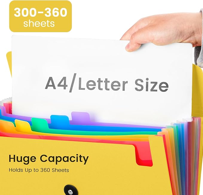 13 Pocket Accordion File Organizer with Elastic Closure, Expanding File Folder for Letter Size A4 Papers, Ideal for Home, Office Supplies, College Essentials - Yellow