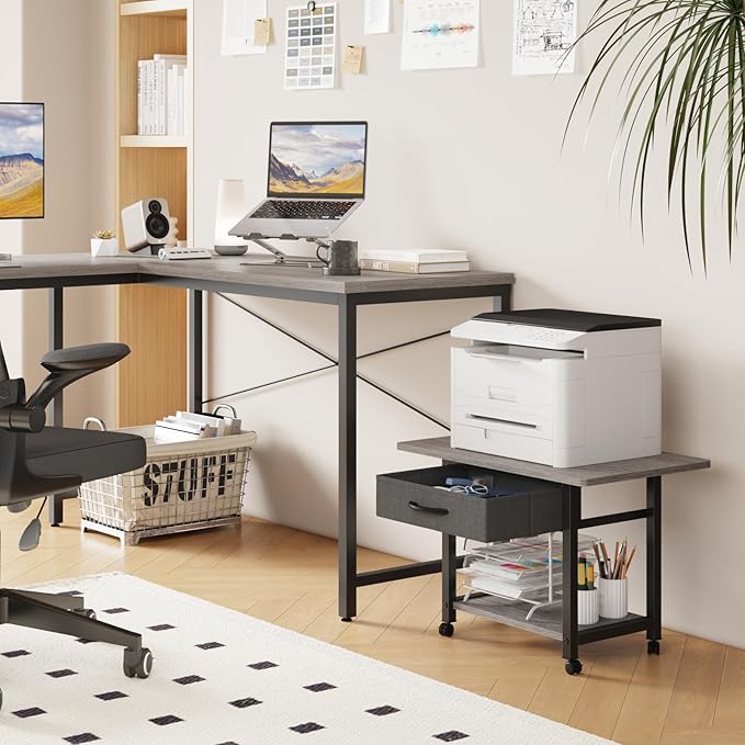 22"x15" Large Printer Stand with Storage Drawer, 2-Tier Under Desk Printer Table for Home Office, Printer Cart fit Fax Machine/3D Printer/Scanner(Gray)