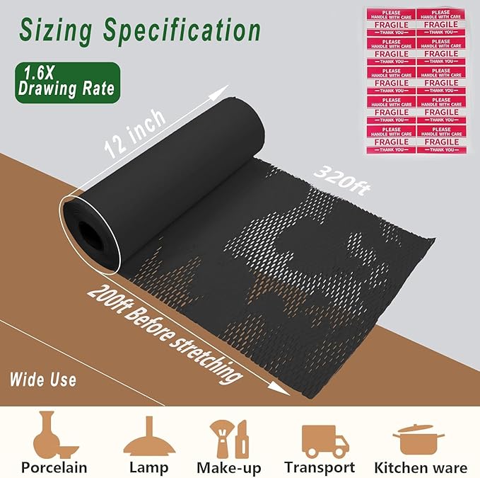 Honeycomb Packing Paper, 12" x 200' Packing Paper Substitute Alternative for Bubble Cushioning Wrap for Moving Shipping Packaging, Recyclable Moving Supplies Bubble Packing Wrap Roll-Black