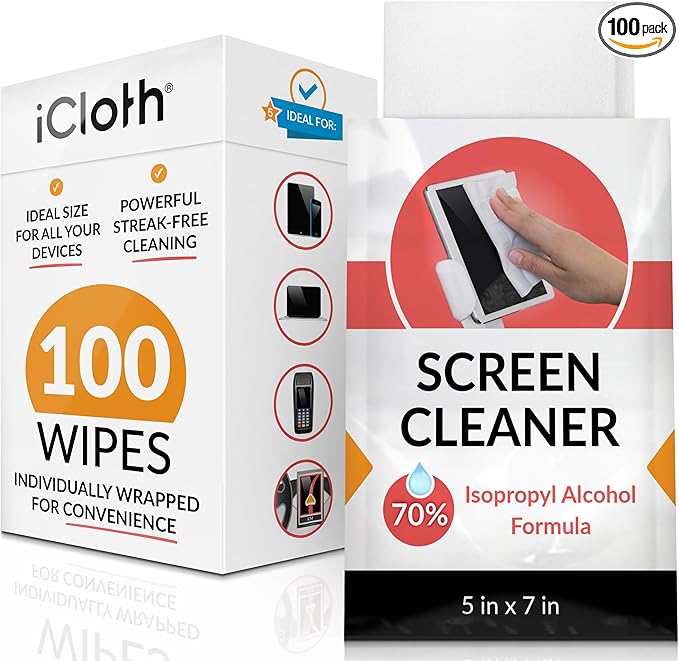 iCloth 70% Isopropyl Alcohol Large Screen and Electronics Wipes, Lint-Free, Streak-Free, Fast-Drying, Removes Dust and Fingerprints (100 Wipes)
