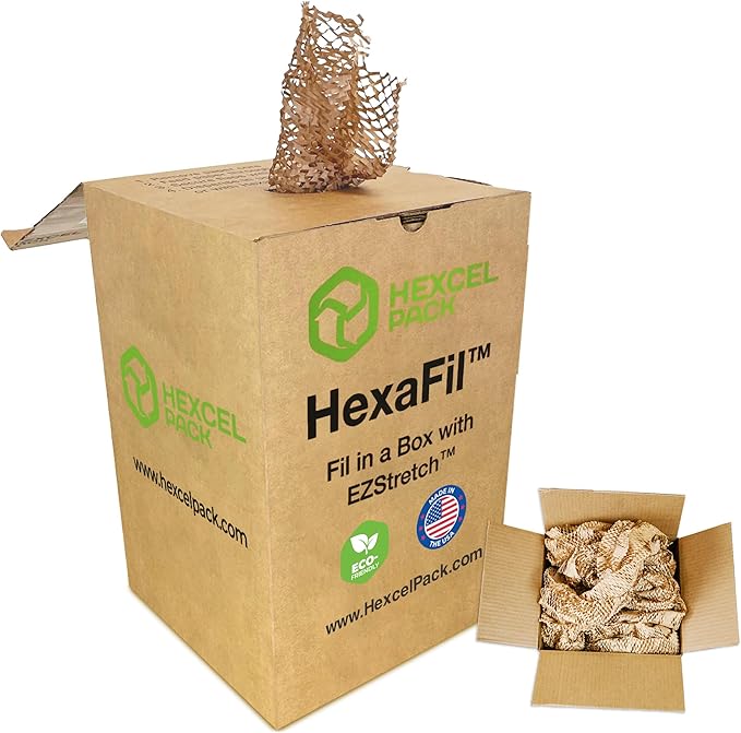 HexaFil Honeycomb Packing Paper - Eco-Friendly, Sustainable Filler for Shipping and Moving, Cushioned Packing Material in Dispenser Box, Alternative to Bubble Wrap - Natural, 12" x 1700'