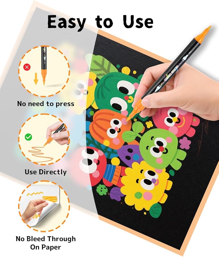 48 Colors Acrylic Paint Markers, Dual Tip Acrylic Paint Pens with Brush and Fine Tips for Kids, Adults, Wood, Canvas, Stone, Rock Painting, Glass, Ceramic Surfaces, DIY Crafts Making