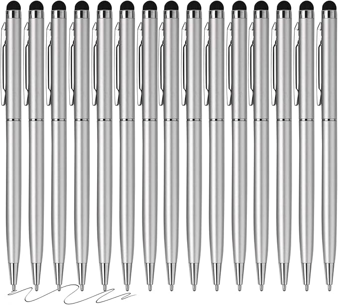 15 Pack Stylus Pens for Touch Screens Stylus Pen Compatible with Phone Tablets Kindle and Black Ink Ballpoint Pens-2 in 1 Stylists pens for Touch Screens (Silver)
